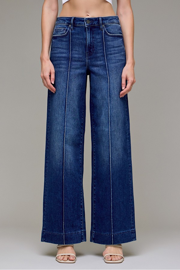 Dark Wash Pintuck High Rise Wide Leg 